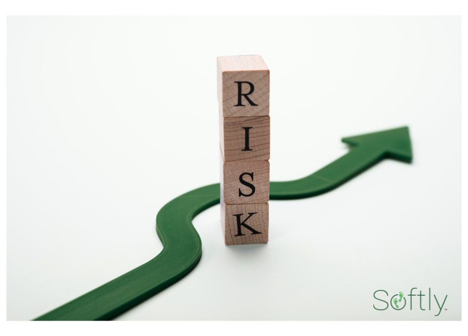 Green arrow avoiding blocks spelling out RISK